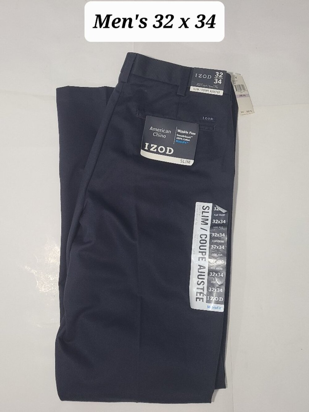IZOD American Chino Slim Flat Front Navy Men's Pants Size 32 x 34 NWT